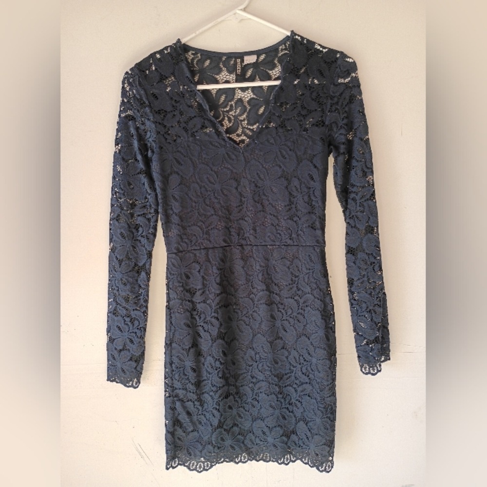 H&M Divided Lace V Neck Long Sleeve‎ Bodycon Dress Navy Blue US 4